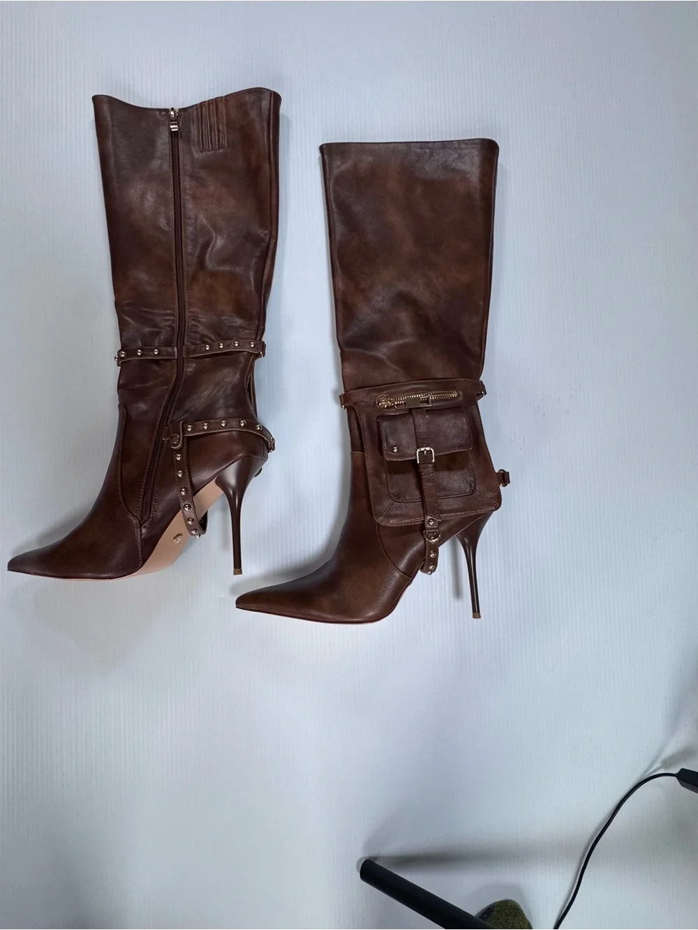 Brown Knee-High Stiletto Boots w/ Pocket Detail | Size 6.5,7.5, 10 | NIB